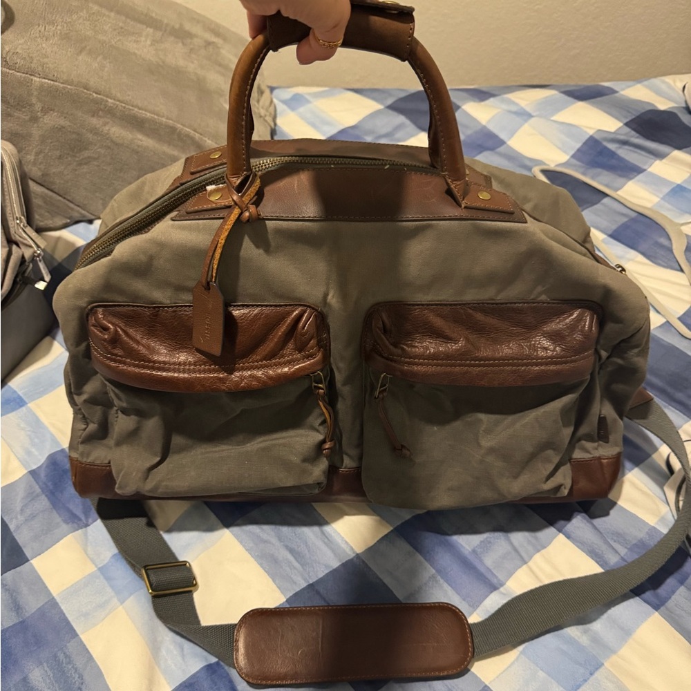 Fossil Weekender Duffel Shoulder Bag, Canvas & Leather, Brown Grey